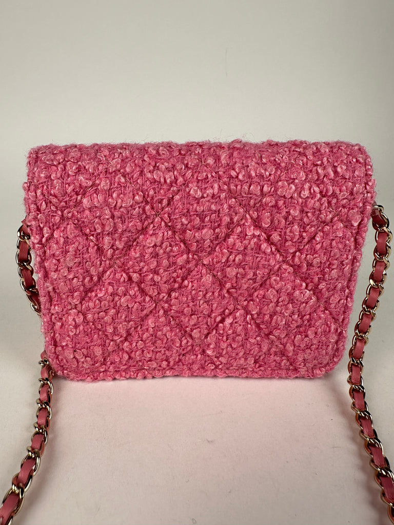 Chanel Tweed Quilted Flap Chain Waist Belt Bag Pink