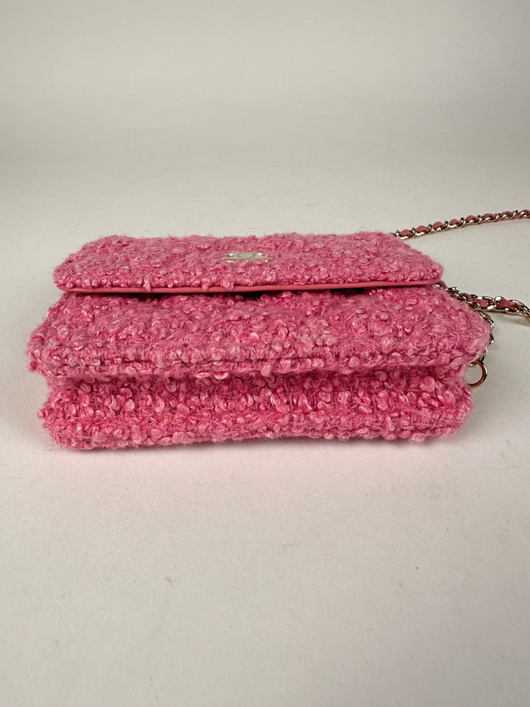 Chanel Tweed Quilted Flap Chain Waist Belt Bag Pink