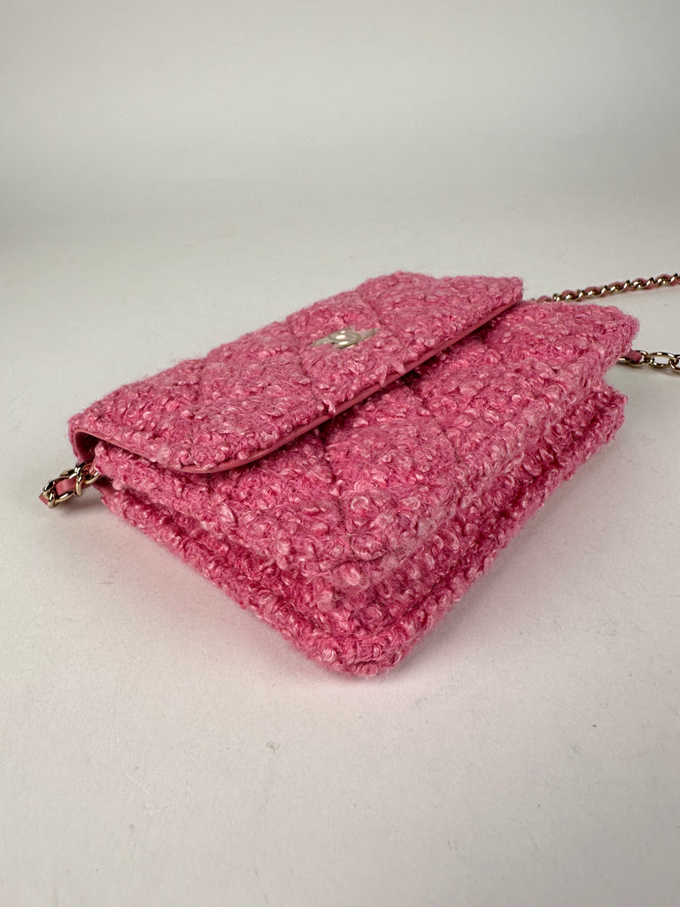 Chanel Tweed Quilted Flap Chain Waist Belt Bag Pink