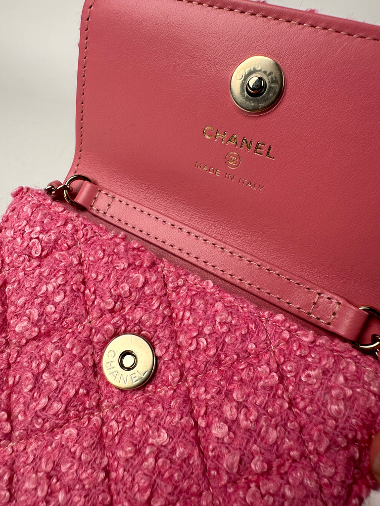 Chanel Tweed Quilted Flap Chain Waist Belt Bag Pink