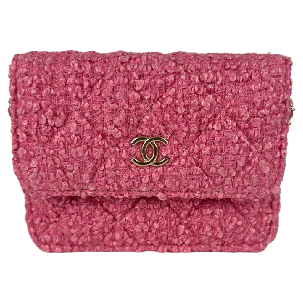 Chanel Tweed Quilted Flap Chain Waist Belt Bag Pink
