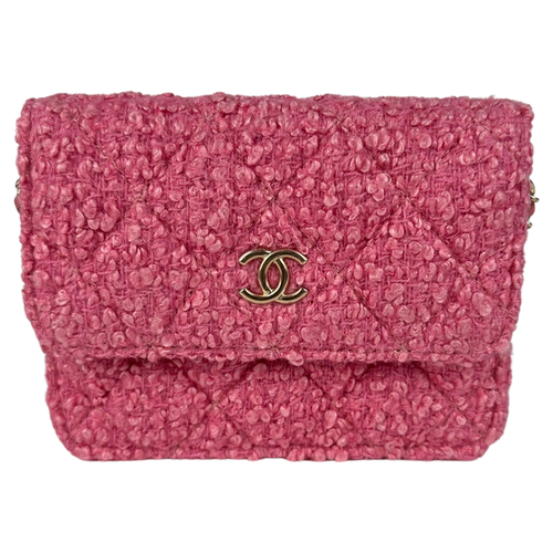 Chanel Tweed Quilted Flap Chain Waist Belt Bag Pink