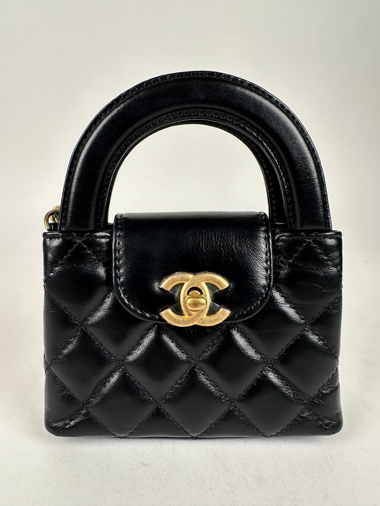 Chanel Shiny Aged Calfskin Quilted Mini Nano Kelly Top Handle Black