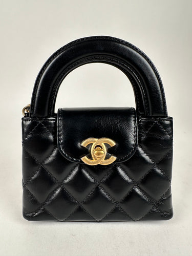 Chanel Shiny Aged Calfskin Quilted Mini Nano Kelly Top Handle Black