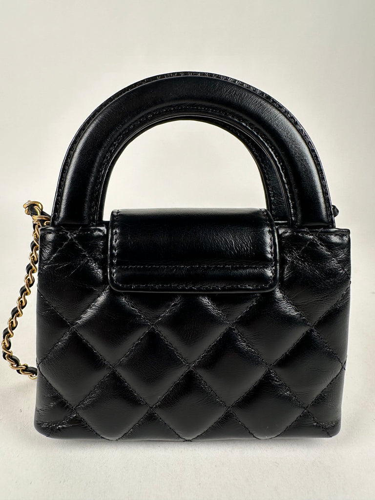 Chanel Shiny Aged Calfskin Quilted Mini Nano Kelly Top Handle Black