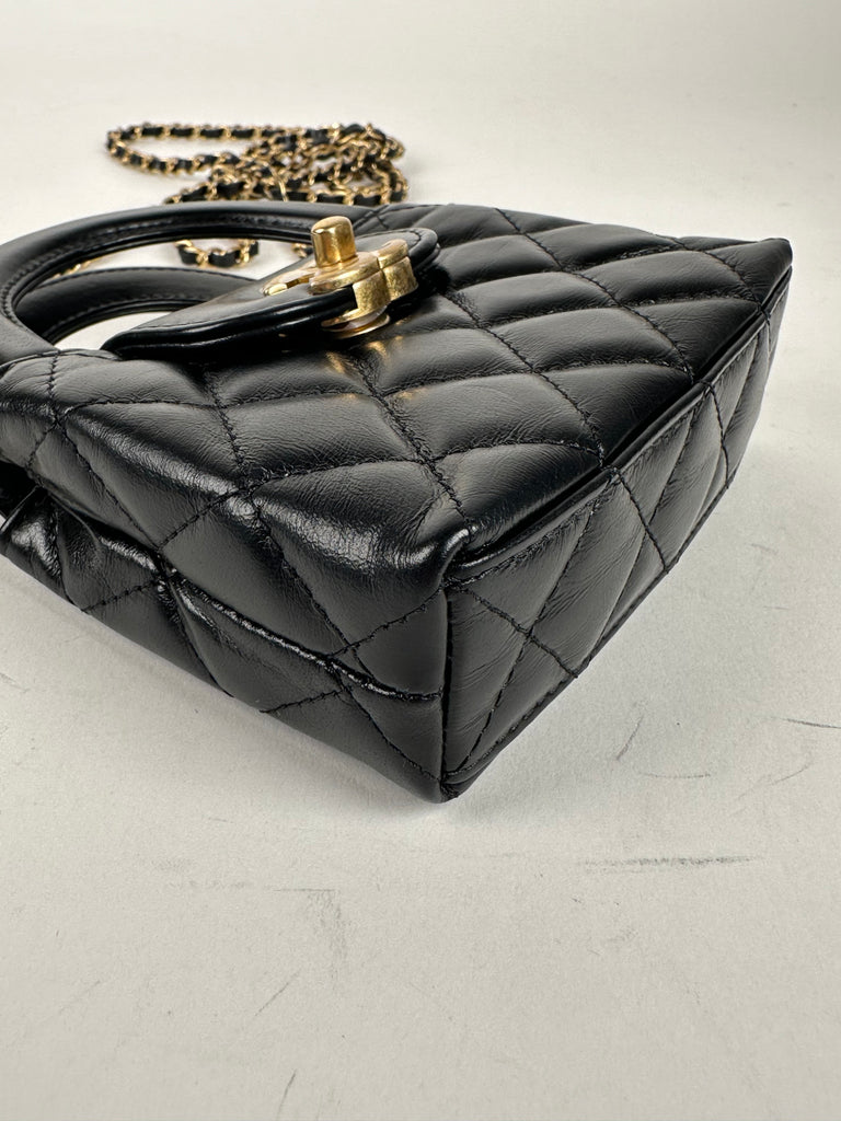 Chanel Shiny Aged Calfskin Quilted Mini Nano Kelly Top Handle Black