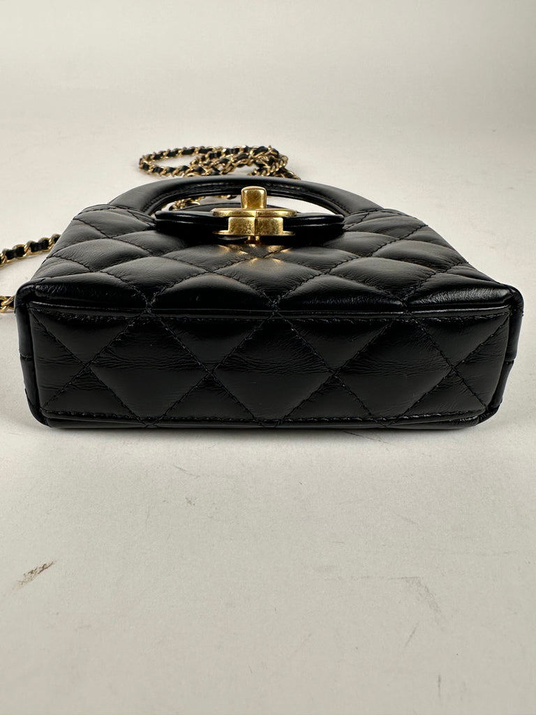 Chanel Shiny Aged Calfskin Quilted Mini Nano Kelly Top Handle Black