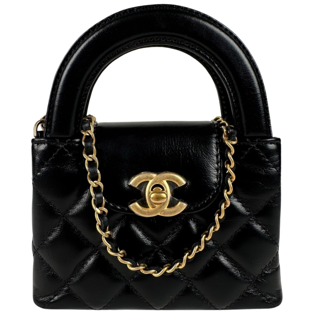 Chanel Shiny Aged Calfskin Quilted Mini Nano Kelly Top Handle Black