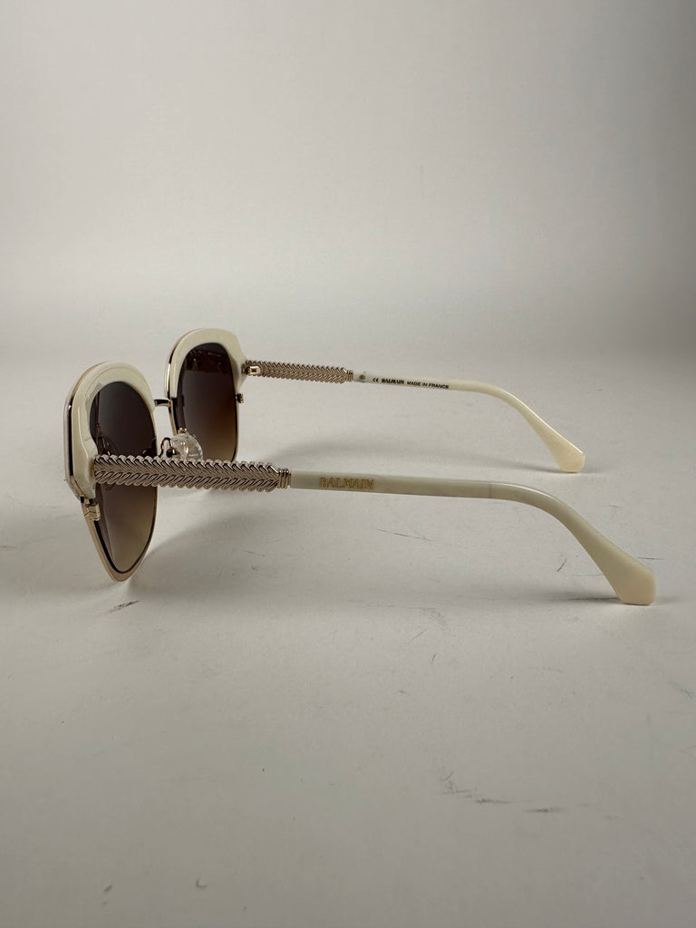 Balmain Gold and White Cat Eye Style Sunglasses