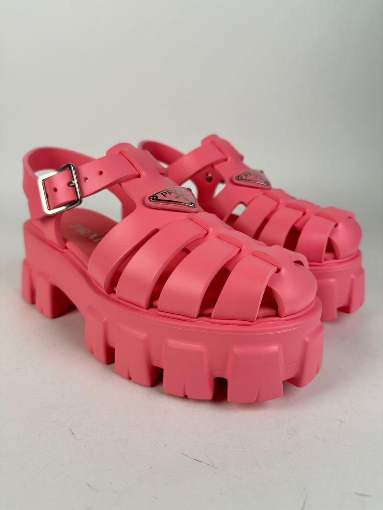 Prada Foam Rubber Triangle Logo Fishermen Monolith Sandal Pink Begonia Size 36EU