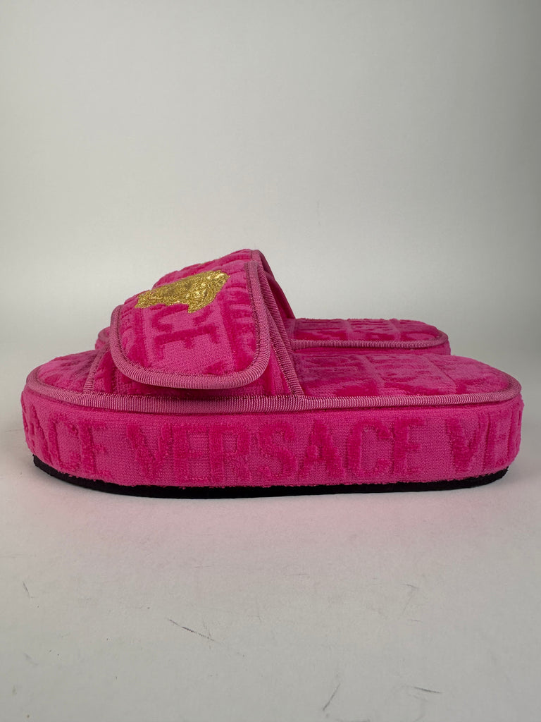 Versace All Over Print Medusa Head Terrycloth Platform Slippers Slides Size 37EU