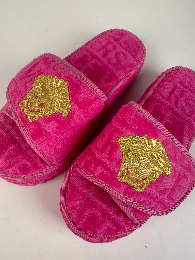 Versace All Over Print Medusa Head Terrycloth Platform Slippers Slides Size 37EU