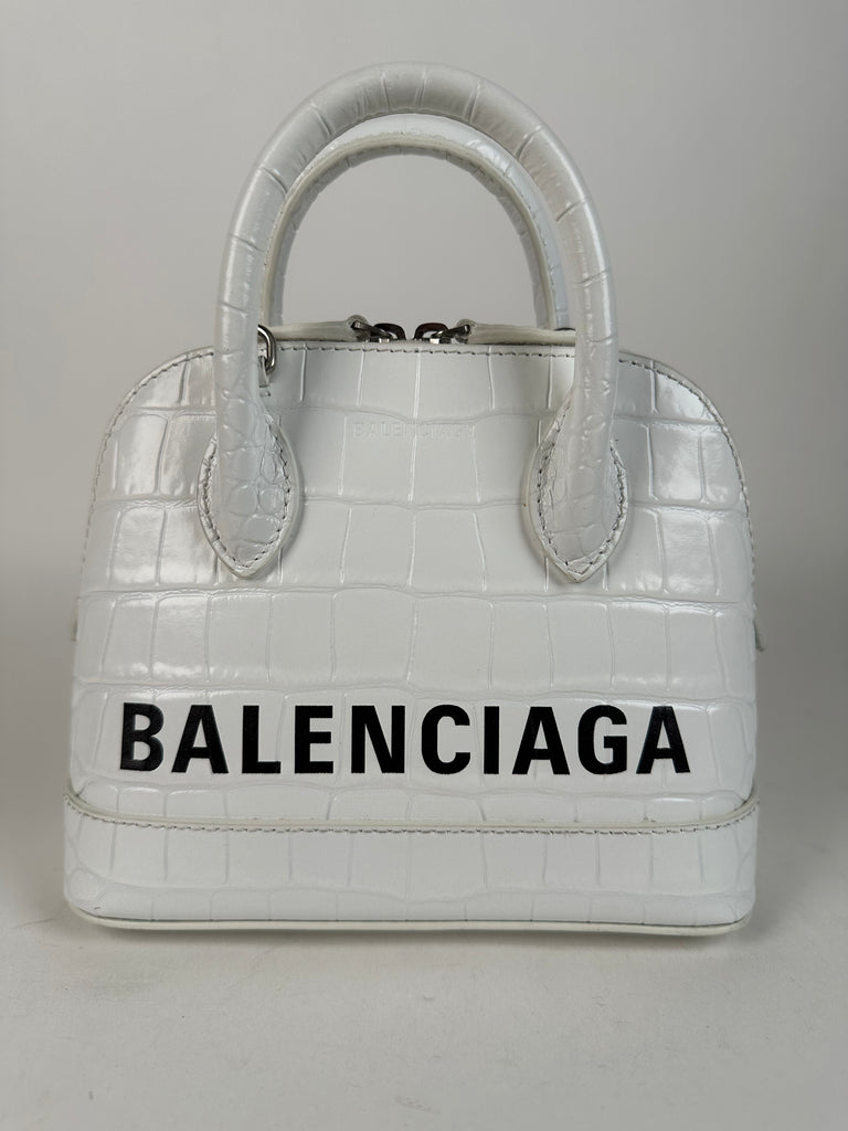 Balenciaga Croc Embossed Calfskin Ville Top Handle Bag XXS White