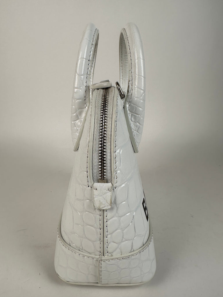 Balenciaga Croc Embossed Calfskin Ville Top Handle Bag XXS White