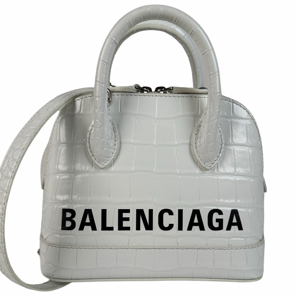 Balenciaga Croc Embossed Calfskin Ville Top Handle Bag XXS White