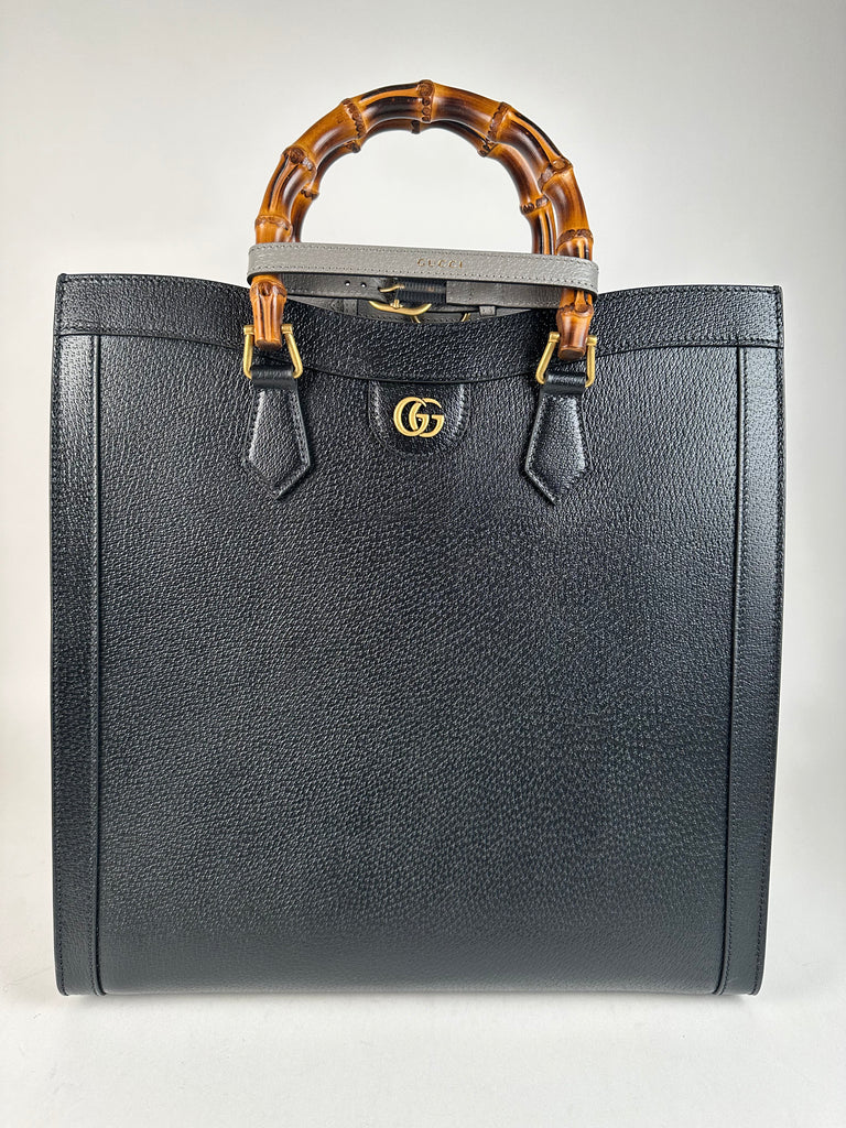 Gucci Wonka Grained Calfskin Large Diana Bamboo Tote Black