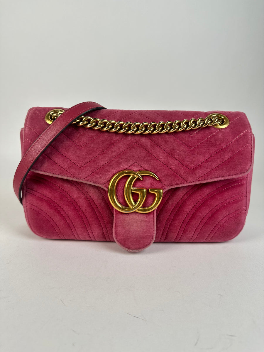 Gucci Velvet Matelasse Mini GG Marmont Shoulder Bag Pink Light