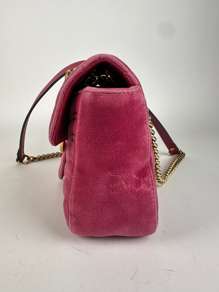 Gucci Velvet Matelasse Mini GG Marmont Shoulder Bag Pink Light Raspberry Rose