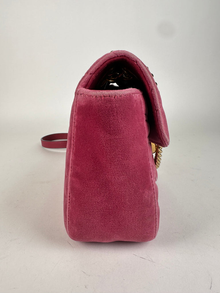 Gucci Velvet Matelasse Mini GG Marmont Shoulder Bag Pink Light Raspberry Rose