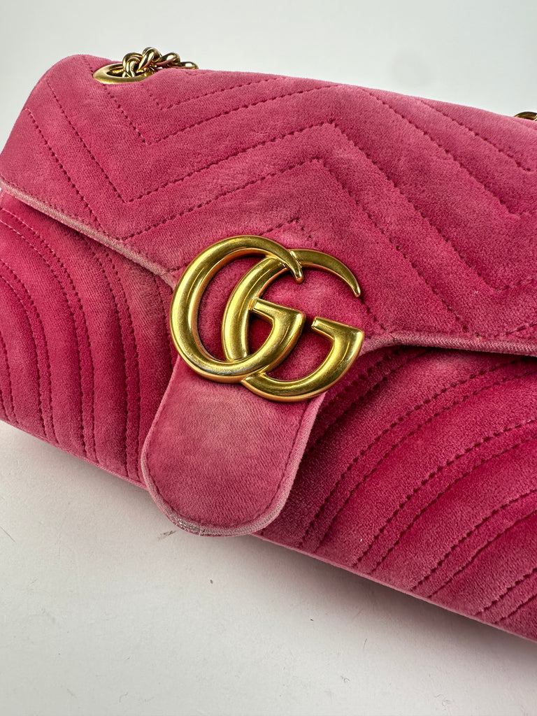 Gucci Velvet Matelasse Mini GG Marmont Shoulder Bag Pink Light Raspberry Rose