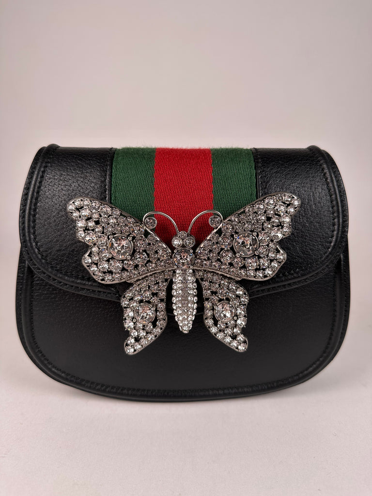 Gucci Calfskin Web Crystal Butterfly Stripe Small Totem Shoulder Bag Black