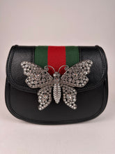 Load image into Gallery viewer, Gucci Calfskin Web Crystal Butterfly Stripe Small Totem Shoulder Bag Black