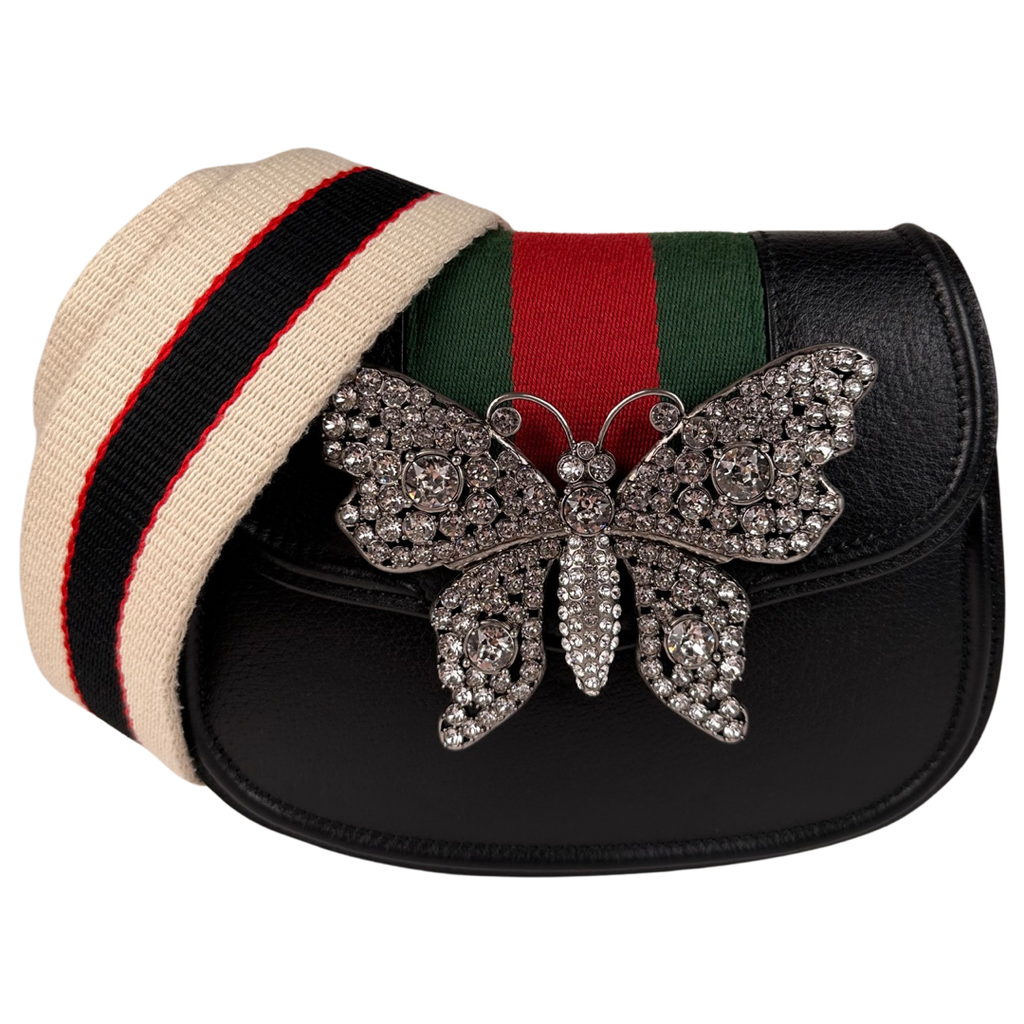 Gucci Calfskin Web Crystal Butterfly Stripe Small Totem Shoulder Bag Black