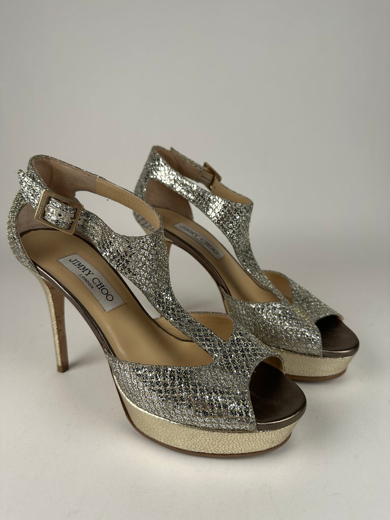 Jimmy Choo 247Tribe Sparkly Platform Peep Toe Champagne Size 38EU