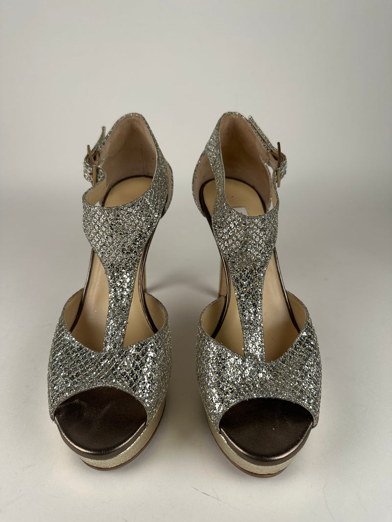 Jimmy Choo 247Tribe Sparkly Platform Peep Toe Champagne Size 38EU