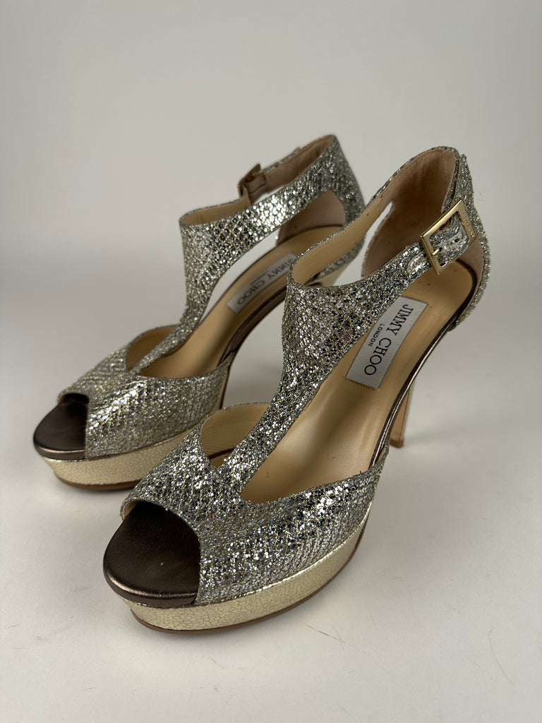 Jimmy Choo 247Tribe Sparkly Platform Peep Toe Champagne Size 38EU