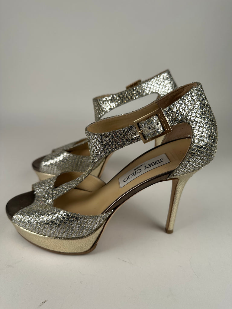 Jimmy Choo 247Tribe Sparkly Platform Peep Toe Champagne Size 38EU