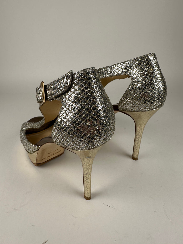 Jimmy Choo 247Tribe Sparkly Platform Peep Toe Champagne Size 38EU