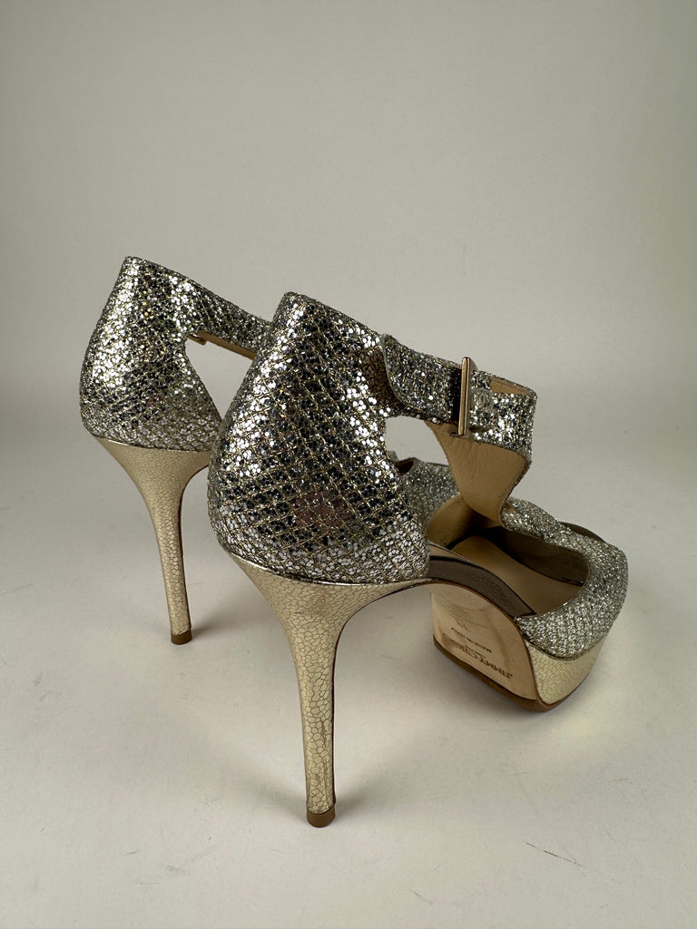 Jimmy Choo 247Tribe Sparkly Platform Peep Toe Champagne Size 38EU