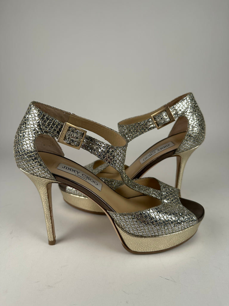 Jimmy Choo 247Tribe Sparkly Platform Peep Toe Champagne Size 38EU