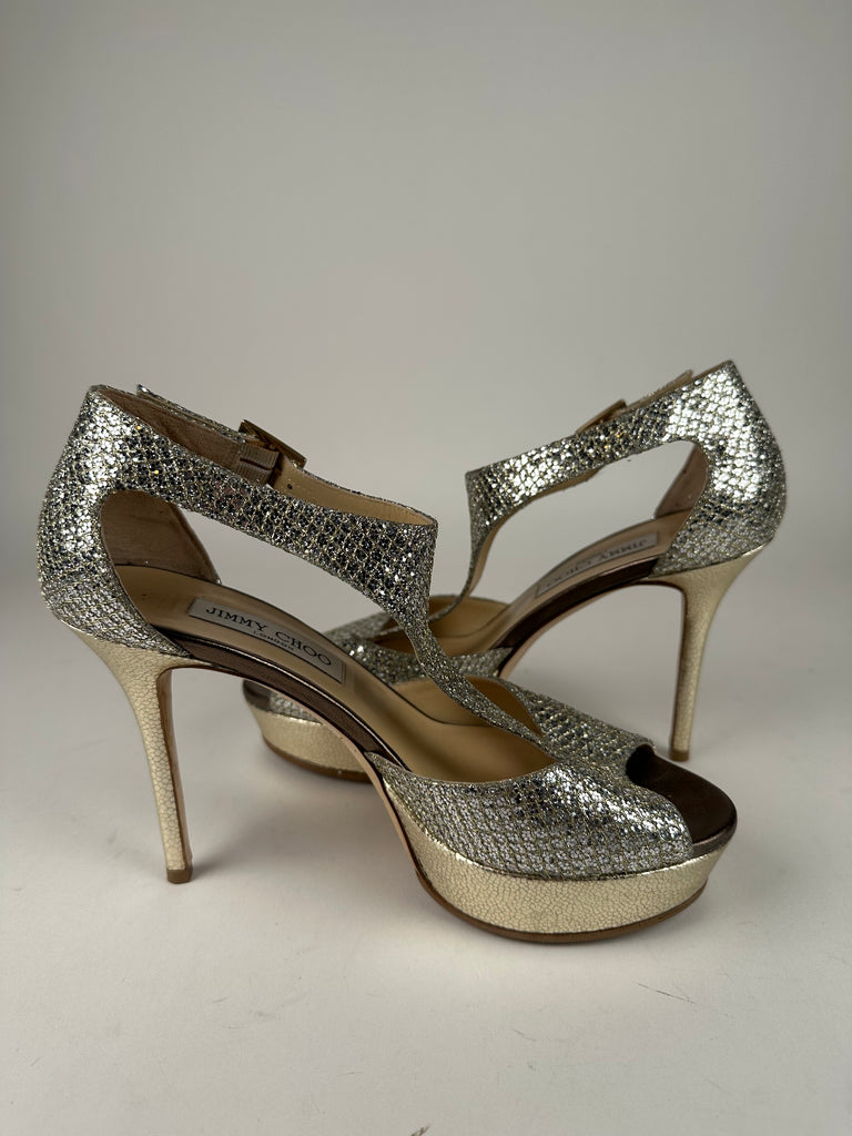 Jimmy Choo 247Tribe Sparkly Platform Peep Toe Champagne Size 38EU