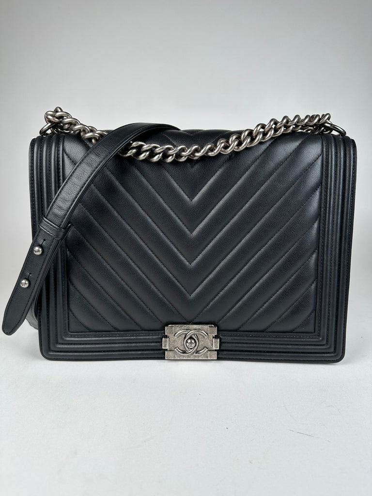 Chanel Large Boy Bag Black Chevron Calfskin Leather