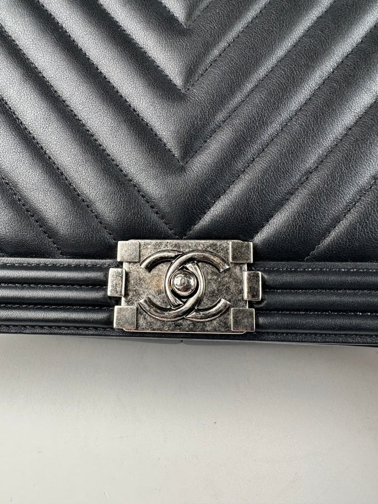 Chanel Large Boy Bag Black Chevron Calfskin Leather