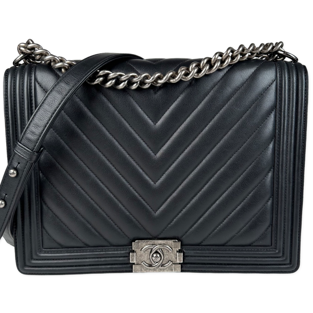 Chanel Large Boy Bag Black Chevron Calfskin Leather