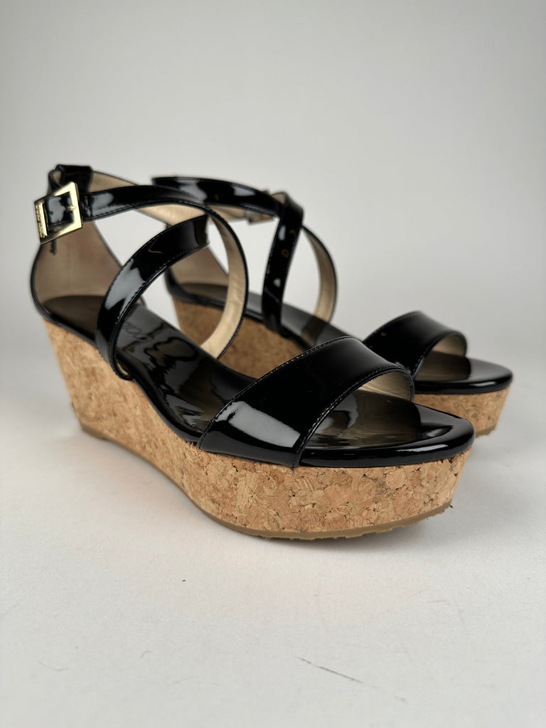 Jimmy Choo Portia 70 Black Patent Leather and Cork Wedges Size 37EU
