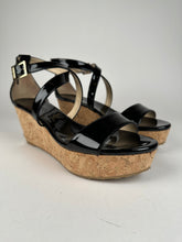 Load image into Gallery viewer, Jimmy Choo Portia 70 Black Patent Leather and Cork Wedges Size 37EU