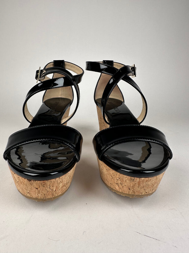 Jimmy Choo Portia 70 Black Patent Leather and Cork Wedges Size 37EU