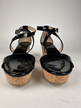 Load image into Gallery viewer, Jimmy Choo Portia 70 Black Patent Leather and Cork Wedges Size 37EU