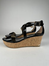 Load image into Gallery viewer, Jimmy Choo Portia 70 Black Patent Leather and Cork Wedges Size 37EU