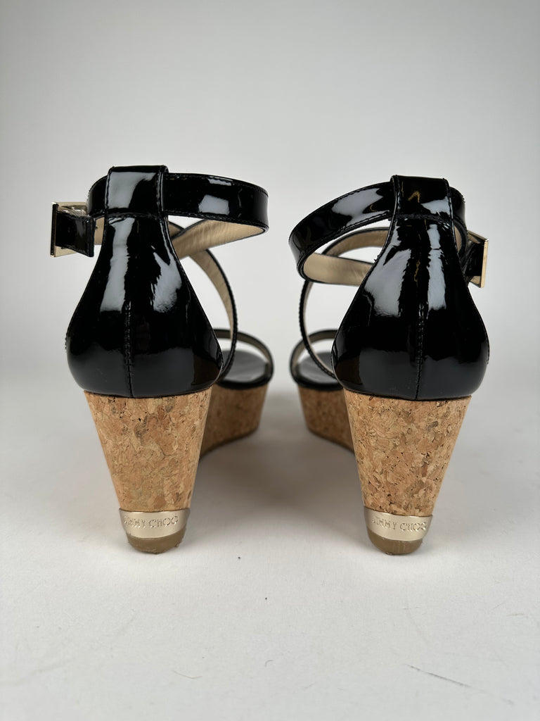 Jimmy Choo Portia 70 Black Patent Leather and Cork Wedges Size 37EU