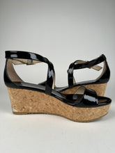 Load image into Gallery viewer, Jimmy Choo Portia 70 Black Patent Leather and Cork Wedges Size 37EU