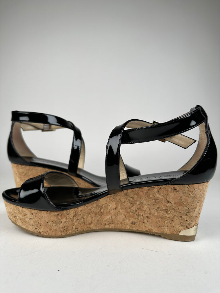Jimmy Choo Portia 70 Black Patent Leather and Cork Wedges Size 37EU