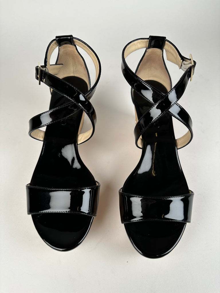 Jimmy Choo Portia 70 Black Patent Leather and Cork Wedges Size 37EU