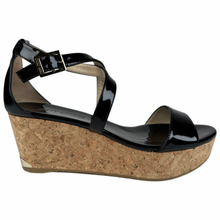 Load image into Gallery viewer, Jimmy Choo Portia 70 Black Patent Leather and Cork Wedges Size 37EU