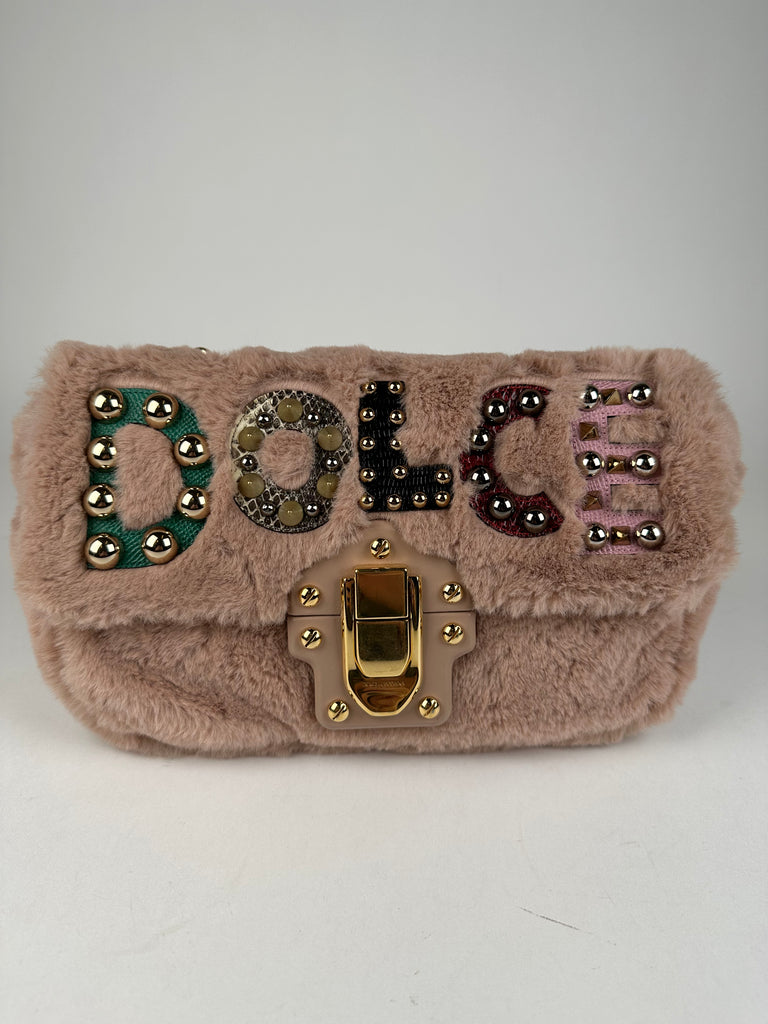 Dolce & Gabbana Faux Fur Watersnake Embellished Lucia Shoulder Bag Pink