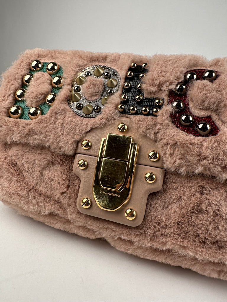 Dolce & Gabbana Faux Fur Watersnake Embellished Lucia Shoulder Bag Pink